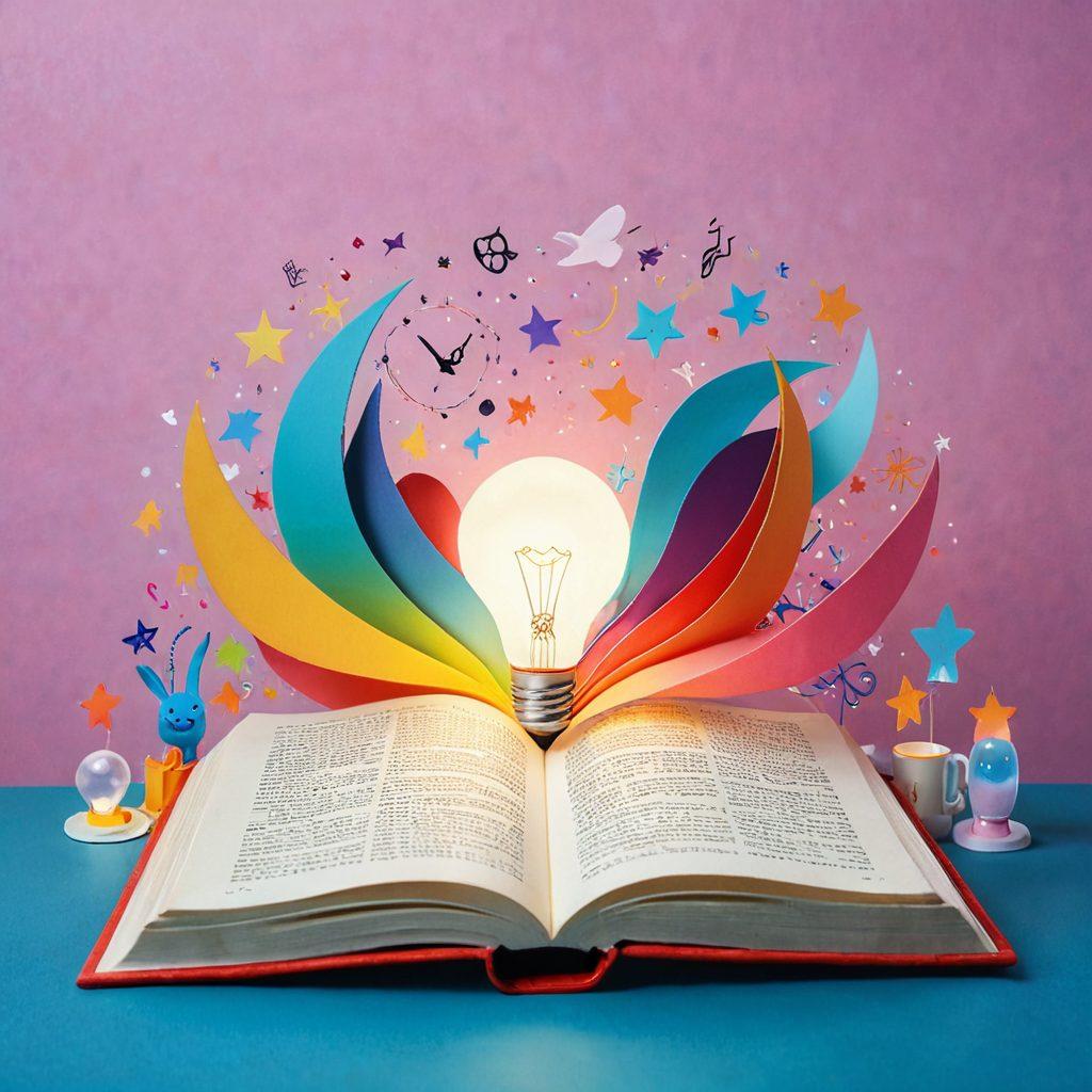 An open book with colorful, hovering adjectives like 'vibrant', 'mysterious', and 'dynamic' emanating from the pages, surrounded by whimsical illustrations of everyday objects. The background features a soft gradient of pastel colors to evoke creativity. Include a light bulb shining above the book to symbolize ideas and inspiration. surrealistic. vibrant colors. soft focus.