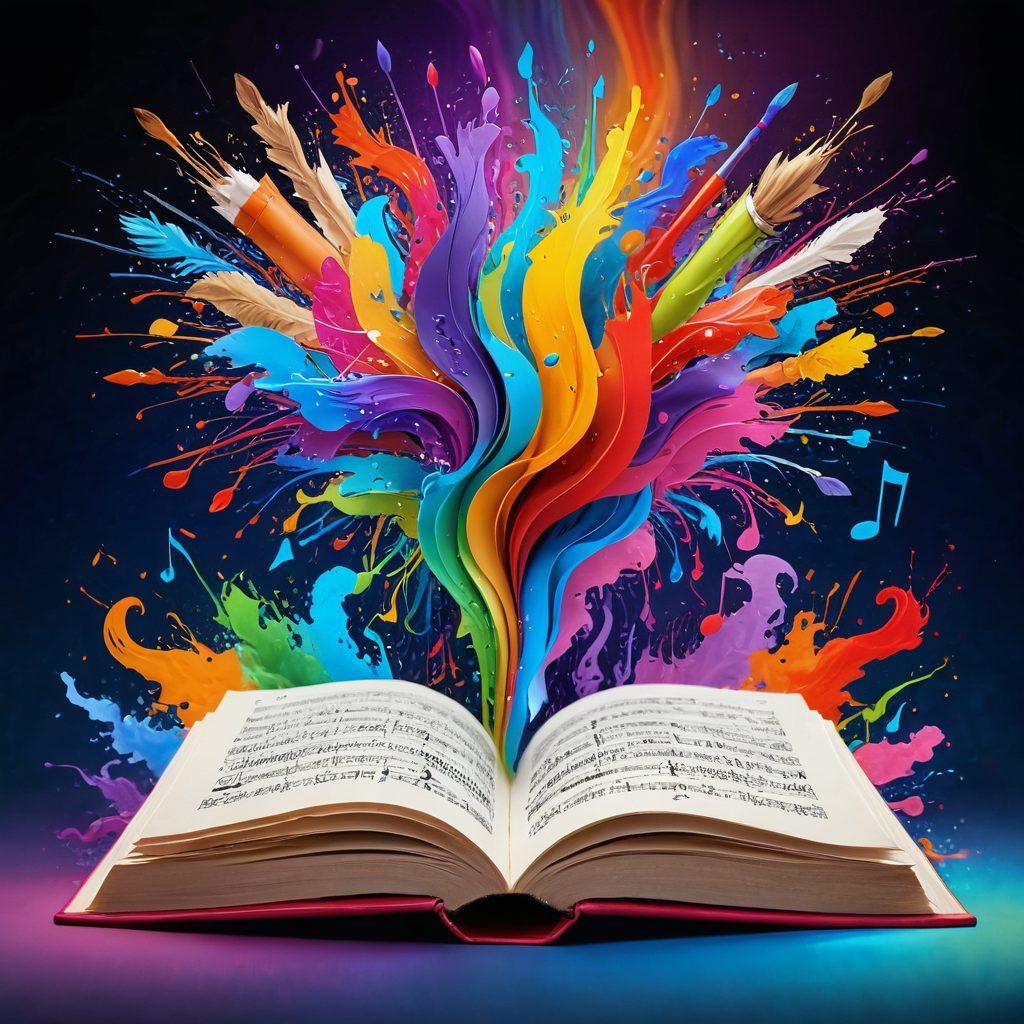 A vivid explosion of colorful adjectives swirling around an open book, with words like 'vibrant', 'dynamic', and 'whimsical' lifting off the pages. A creative landscape forms in the background, showcasing a brain illuminated with ideas and a pen sketching dreams. Incorporate elements of art, music, and poetry surrounding the book to symbolize literary expression. super-realistic. vibrant colors. whimsical elements.